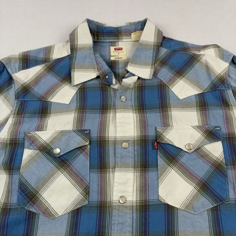 Levis Western Pearl Snap Shirt Mens M Plaid Blue Purple Long Sleeve Standard